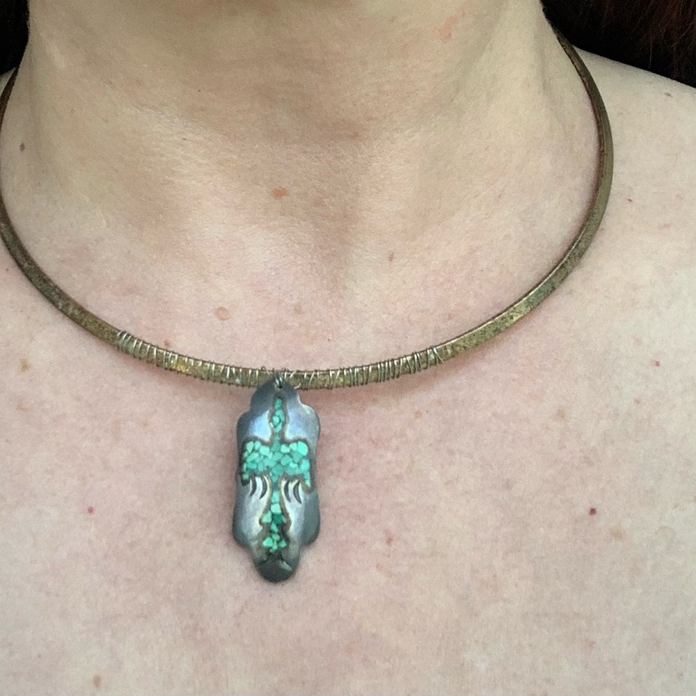 Vintage silver and turquoise Native American thunderbird collar necklace.